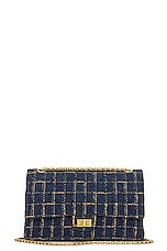 FWRD Renew Chanel Tweed Chain Double Flap Shoulder Bag in Navy, view 1, click to view large image.