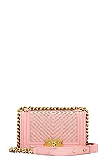 FWRD Renew Chanel Boy Leather Chain Shoulder Bag in Pink, view 1, click to view large image.