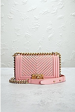 FWRD Renew Chanel Boy Leather Chain Shoulder Bag in Pink, view 2, click to view large image.