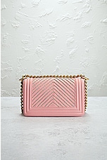 FWRD Renew Chanel Boy Leather Chain Shoulder Bag in Pink, view 3, click to view large image.
