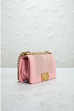 FWRD Renew Chanel Boy Leather Chain Shoulder Bag in Pink, view 4, click to view large image.