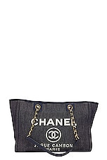 FWRD Renew Chanel Deauville Denim Chain Tote Bag in Navy, view 1, click to view large image.