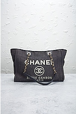 FWRD Renew Chanel Deauville Denim Chain Tote Bag in Navy, view 2, click to view large image.