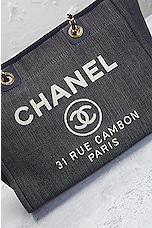 FWRD Renew Chanel Deauville Denim Chain Tote Bag in Navy, view 6, click to view large image.