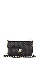 FWRD Renew Chanel Lambskin Quilted Chain Flap Shoulder Bag in Black, view 1, click to view large image.