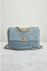 FWRD Renew Chanel Tweed 2 Way Flap Chain Shoulder Bag in Light Blue, view 2, click to view large image.