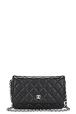 FWRD Renew Chanel Quilted Lambskin Wallet On Chain Bag in Black, view 1, click to view large image.