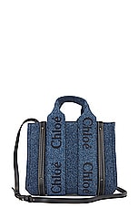 FWRD Renew Chloe Small Woody Tote Bag in Denim, view 1, click to view large image.