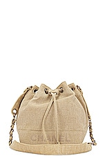 FWRD Renew Chanel Logo Drawstring Bucket Bag in Beige, view 1, click to view large image.