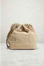 FWRD Renew Chanel Logo Drawstring Bucket Bag in Beige, view 3, click to view large image.