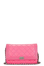 FWRD Renew Chanel Quilted Lambskin Boy Shoulder Bag in Pink, view 1, click to view large image.