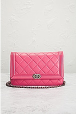 FWRD Renew Chanel Quilted Lambskin Boy Shoulder Bag in Pink, view 2, click to view large image.