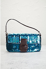 FWRD Renew Fendi Sequin Baguette Shoulder Bag in Blue, view 2, click to view large image.