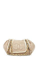 FWRD Renew Chanel CC Turnlock Suede Shearling Flap Shoulder Bag in Beige, view 1, click to view large image.