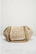 FWRD Renew Chanel CC Turnlock Suede Shearling Flap Shoulder Bag in Beige, view 2, click to view large image.