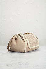 FWRD Renew Chanel CC Turnlock Suede Shearling Flap Shoulder Bag in Beige, view 4, click to view large image.