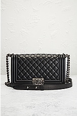FWRD Renew Chanel Lambskin Boy Shoulder Bag in Black, view 2, click to view large image.