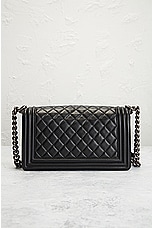 FWRD Renew Chanel Lambskin Boy Shoulder Bag in Black, view 3, click to view large image.
