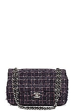 FWRD Renew Chanel Quilted Tweed Chain Double Flap Shoulder Bag in Navy, view 1, click to view large image.