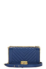 FWRD Renew Chanel Boy Chain Shoulder Bag in Blue, view 1, click to view large image.