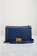 FWRD Renew Chanel Boy Chain Shoulder Bag in Blue, view 2, click to view large image.