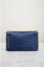 FWRD Renew Chanel Boy Chain Shoulder Bag in Blue, view 3, click to view large image.