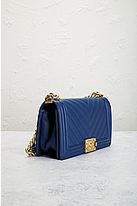 FWRD Renew Chanel Boy Chain Shoulder Bag in Blue, view 4, click to view large image.