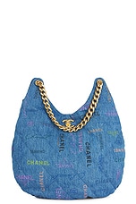 FWRD Renew Chanel Quilted Printed Denim Hobo Bag in Blue, view 1, click to view large image.