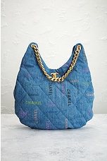 FWRD Renew Chanel Quilted Printed Denim Hobo Bag in Blue, view 2, click to view large image.