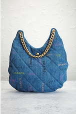FWRD Renew Chanel Quilted Printed Denim Hobo Bag in Blue, view 3, click to view large image.