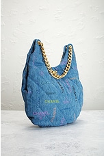FWRD Renew Chanel Quilted Printed Denim Hobo Bag in Blue, view 4, click to view large image.