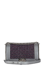 FWRD Renew Chanel Quilted Tweed Chain Boy Bag in Silver, view 1, click to view large image.