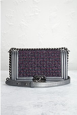 FWRD Renew Chanel Quilted Tweed Chain Boy Bag in Silver, view 2, click to view large image.