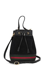 FWRD Renew Gucci Suede Leather Bucket Bag in Black, view 1, click to view large image.