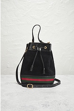 FWRD Renew Gucci Suede Leather Bucket Bag in Black, view 2, click to view large image.