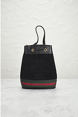 FWRD Renew Gucci Suede Leather Bucket Bag in Black, view 3, click to view large image.