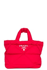 FWRD Renew Prada Padded Nylon Tote Bag in Red, view 1, click to view large image.