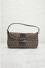 FWRD Renew Fendi Zucchino Baguette Shoulder Bag in Brown, view 2, click to view large image.