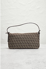 FWRD Renew Fendi Zucchino Baguette Shoulder Bag in Brown, view 3, click to view large image.