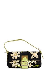 FWRD Renew Fendi Mama Floral Embroidered Baguette Shoulder Bag in Black, view 1, click to view large image.