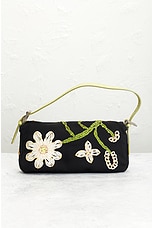 FWRD Renew Fendi Mama Floral Embroidered Baguette Shoulder Bag in Black, view 3, click to view large image.