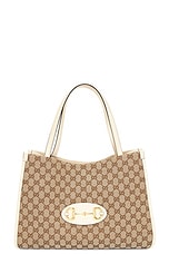 FWRD Renew Gucci GG Horsebit Canvas Tote Bag in Beige, view 1, click to view large image.