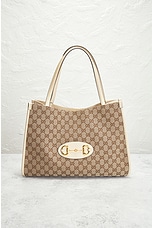 FWRD Renew Gucci GG Horsebit Canvas Tote Bag in Beige, view 2, click to view large image.