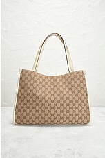 FWRD Renew Gucci GG Horsebit Canvas Tote Bag in Beige, view 3, click to view large image.