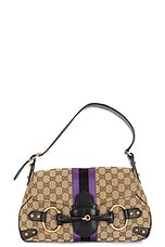 FWRD Renew Gucci GG Canvas Horsebit Shoulder Bag in Beige, view 1, click to view large image.
