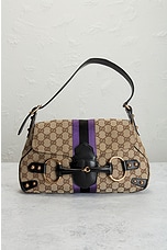 FWRD Renew Gucci GG Canvas Horsebit Shoulder Bag in Beige, view 2, click to view large image.