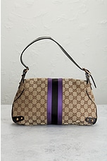 FWRD Renew Gucci GG Canvas Horsebit Shoulder Bag in Beige, view 3, click to view large image.