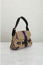 FWRD Renew Gucci GG Canvas Horsebit Shoulder Bag in Beige, view 4, click to view large image.