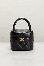 FWRD Renew Chanel Matelasse Enamel Heart Mirror Vanity Bag in Black, view 2, click to view large image.