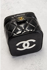 FWRD Renew Chanel Matelasse Enamel Heart Mirror Vanity Bag in Black, view 6, click to view large image.